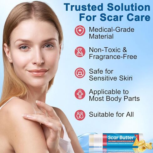 عصا السيليكون للندبات، كريم الندبات مع فيتامين E وزبدة الكاكاو للندبات، ندوب التلاشي، ترطيب عميق، خفيف وغير دهني، عصا إصلاح الندبات للندبات القديمة والحديثة وعلامات التمدد | 20 جرام in Kuwait