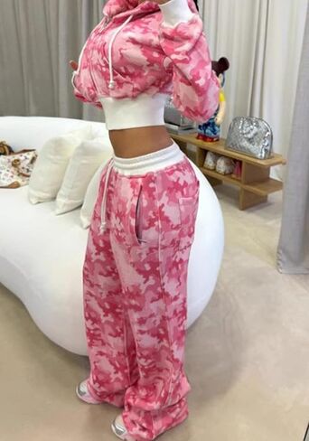 إمرأة 2 قطعة كامو جرزاية مجموعة التمويه المحاصيل زمم هوديي البلوز Y2k واسعة الساق Sweatpants المسار الدعاوى in Saudi Arabia