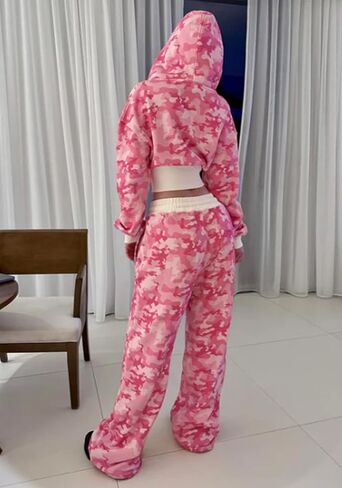 إمرأة 2 قطعة كامو جرزاية مجموعة التمويه المحاصيل زمم هوديي البلوز Y2k واسعة الساق Sweatpants المسار الدعاوى in Saudi Arabia