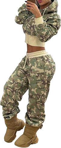 إمرأة 2 قطعة كامو جرزاية مجموعة التمويه المحاصيل زمم هوديي البلوز Y2k واسعة الساق Sweatpants المسار الدعاوى in Saudi Arabia