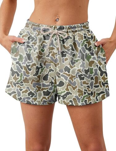 Womens Camo Sweat Shorts Maple Leaf Print Drawstring Elastic High Waist Lounge Camouflage Workout Shorts with Pockets in Kuwait