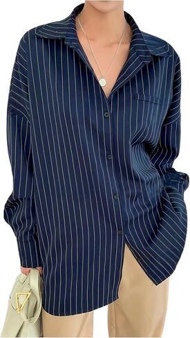 SweatyRocks Women's Oversized Button Down Long Sleeve Striped Shirts Collared Casual Blouses in Saudi Arabia