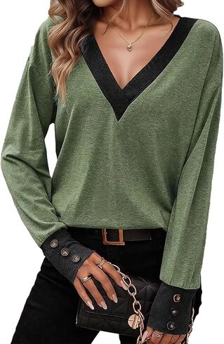 Flamingals Women's V Neck Two Tone Tops Button Cuff Long Sleeve Dressy Casual Christmas Tops Fall Fashion Clothes in Saudi Arabia