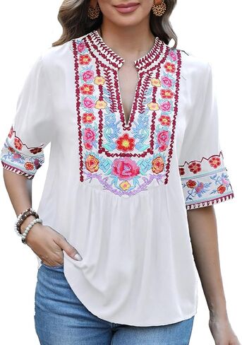 AK Women's Summer V Neck Boho Embroidered Mexican Shirts Short Sleeve Casual Tops Blouse in Saudi Arabia