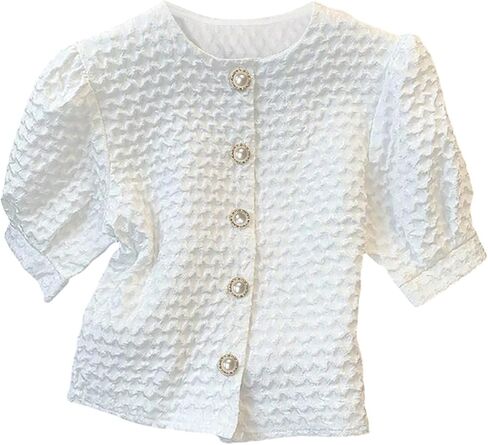 GORGLITTER Women's Puff Short Sleeve Pearl Beaded Tops Dressy Cute Textured Button Down Shirt Summer Going Out Outfits in Saudi Arabia