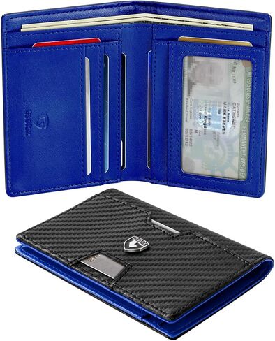 محفظة GSOIAX للرجال نحيفة RFID بجيب أمامي ثنائي الطي محفظة جلدية بمشبك نقود 10-12 بطاقة محفظة رجالي مع نافذة لبطاقة الهوية رفيعة وبسيطة وحامل بطاقة ائتمان هدايا عيد ميلاد للرجال أسود كربوني in Kuwait