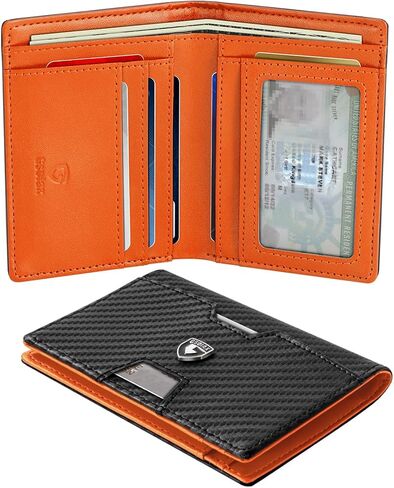 محفظة GSOIAX للرجال نحيفة RFID بجيب أمامي ثنائي الطي محفظة جلدية بمشبك نقود 10-12 بطاقة محفظة رجالي مع نافذة لبطاقة الهوية رفيعة وبسيطة وحامل بطاقة ائتمان هدايا عيد ميلاد للرجال أسود كربوني in Kuwait