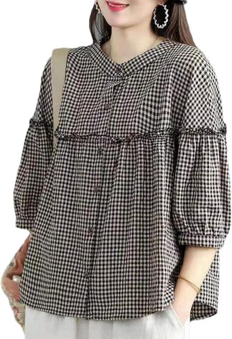 Lingjiazi Women's Plaid 3/4 Sleeve Button Down Shirts Gingham Checkered Crew Neck Tunic Tops Blouses in Saudi Arabia
