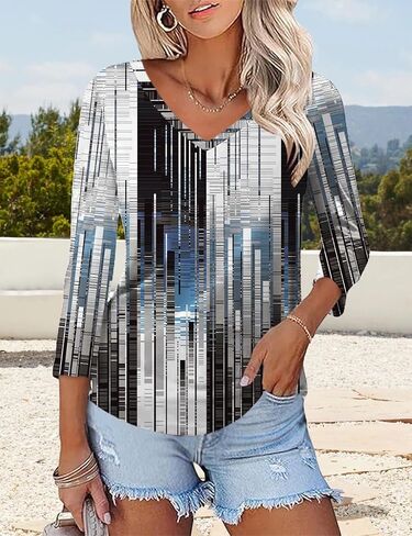 Women's 3/4 Sleeve Tops Summer V-Neck Blouse Casual Dressy Basic T-Shirts Lightweight Fashion Top in Saudi Arabia