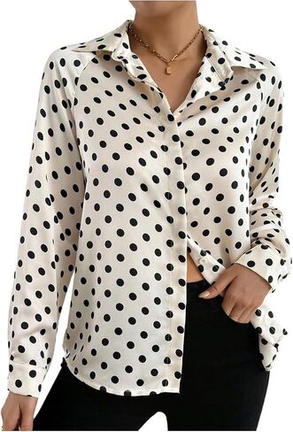 SweatyRocks Women's Button Down Shirts Long Sleeve Polka Dots Business Casual Satin Blouse Top in Saudi Arabia