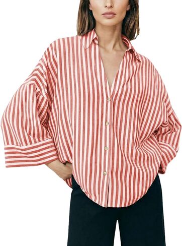 Agoeast Womens Striped Button Down Shirts Lapel V Neck 3/4 Sleeve Casual Blouses Summer Loose Fit Tops in Saudi Arabia