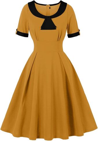 Wellwits Women's Bow Neck Color Block Work Cocktail Vintage Dress in Saudi Arabia