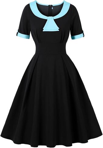 Wellwits Women's Bow Neck Color Block Work Cocktail Vintage Dress in Saudi Arabia