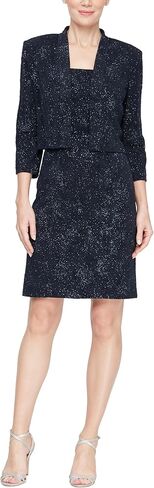 Alex Evenings Womens Short Sheath Glitter Knit Cocktail Jacket Dress with Square Neckline and Front Slit in Saudi Arabia
