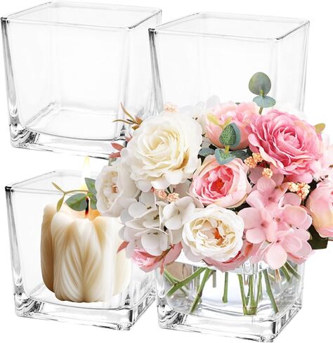 LDHHYH 4 Pack 6 x 6 x 6 Inch Square Glass Vases, Clear Square Vases for Centerpieces, Glass Cube Flower Vases Short Vases for Candle Holder Events Wedding Party Home Decoration in Kuwait