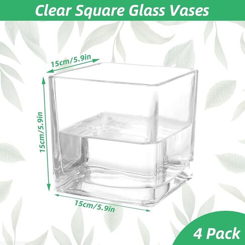 LDHHYH 4 Pack 6 x 6 x 6 Inch Square Glass Vases, Clear Square Vases for Centerpieces, Glass Cube Flower Vases Short Vases for Candle Holder Events Wedding Party Home Decoration in Kuwait