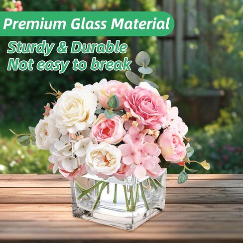 LDHHYH 4 Pack 6 x 6 x 6 Inch Square Glass Vases, Clear Square Vases for Centerpieces, Glass Cube Flower Vases Short Vases for Candle Holder Events Wedding Party Home Decoration in Kuwait
