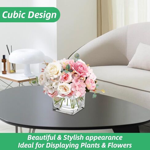 LDHHYH 4 Pack 6 x 6 x 6 Inch Square Glass Vases, Clear Square Vases for Centerpieces, Glass Cube Flower Vases Short Vases for Candle Holder Events Wedding Party Home Decoration in Kuwait