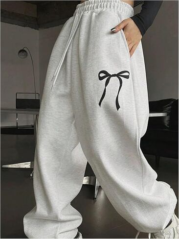 OYOANGLE Women’s Plus Size Sweatpants Bow Graphic Drawstring Waist Workout Athletic Straight Leg Pants in Saudi Arabia