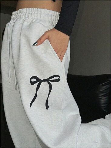OYOANGLE Women’s Plus Size Sweatpants Bow Graphic Drawstring Waist Workout Athletic Straight Leg Pants in Saudi Arabia