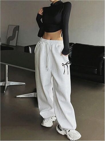 OYOANGLE Women’s Plus Size Sweatpants Bow Graphic Drawstring Waist Workout Athletic Straight Leg Pants in Saudi Arabia