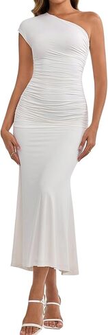 VKIHOC Summer One Shoulder Long Formal Dress Ruched Sexy Bodycon Sleeveless Elegant Wedding Guest Dresses for Women 2025 in Kuwait