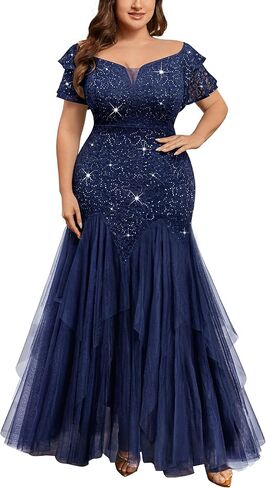 MISSMAY Women's Plus Size V-Neck Off Shoulder Sequin Lace Tulle Mermaid Evening Wedding Dress in Saudi Arabia