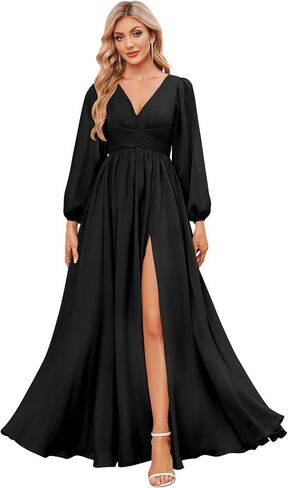 Trifetcrow فساتين وصيفة العروس بأكمام طويلة للنساء من الشيفون ورقبة على شكل V مكشكشة على شكل حرف A فستان سهرة رسمي مع فتحة in Kuwait