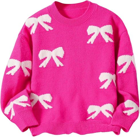 Girl's Bow Graphic Sweaters Crewneck Long Sleeve Knit Pullover Tops Drop Shoulder Knitwear in Saudi Arabia