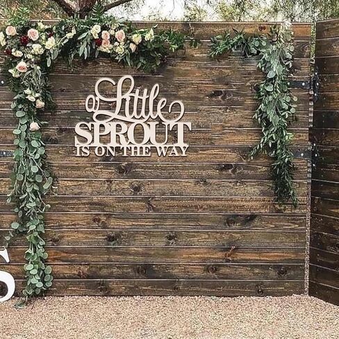 C429 A Little Sprout is On The Way علامة خشبية للخلفية، ديكورات تكشف عن الجنس لحفلة استقبال المولود الجديد، ديكور حائط على شكل حديقة خشبية، خلفية جدارية لحفلات استقبال المولود الجديد لصبي فتاة في عيد ميلادها الثالث in Saudi Arabia