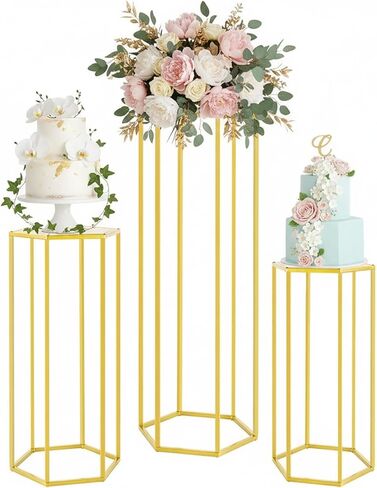 Set of 3 Metal Cylinder Stands for Party Centerpieces, Hexagon Nesting Pedestal Stands, Gold Cake Flower Plant Display Stands, Tall Columnar Vases for Birthday Party Event Home Wedding Decor (Gold) in Saudi Arabia