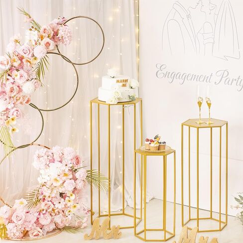 Set of 3 Metal Cylinder Stands for Party Centerpieces, Hexagon Nesting Pedestal Stands, Gold Cake Flower Plant Display Stands, Tall Columnar Vases for Birthday Party Event Home Wedding Decor (Gold) in Saudi Arabia
