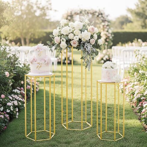 Set of 3 Metal Cylinder Stands for Party Centerpieces, Hexagon Nesting Pedestal Stands, Gold Cake Flower Plant Display Stands, Tall Columnar Vases for Birthday Party Event Home Wedding Decor (Gold) in Saudi Arabia