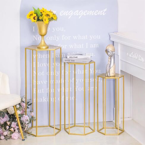 Set of 3 Metal Cylinder Stands for Party Centerpieces, Hexagon Nesting Pedestal Stands, Gold Cake Flower Plant Display Stands, Tall Columnar Vases for Birthday Party Event Home Wedding Decor (Gold) in Saudi Arabia