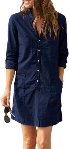 Zontroldy Women's Summer Collared Long Rolled Up Sleeve Button Down Cotton Shirt Dress Safari Dresses with Pockets in Saudi Arabia