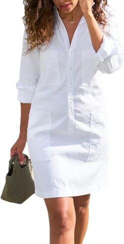 Zontroldy Women's Summer Collared Long Rolled Up Sleeve Button Down Cotton Shirt Dress Safari Dresses with Pockets in Saudi Arabia
