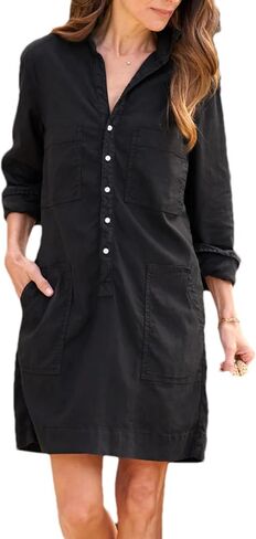 Zontroldy Women's Summer Collared Long Rolled Up Sleeve Button Down Cotton Shirt Dress Safari Dresses with Pockets in Saudi Arabia