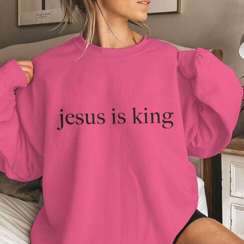 ROSSOSSOR Jesus Is King Sweatshirts Women Christian Sweatshirts Religious Mom Pullovers Graphic Crew Neck Pullovers Plus Size in Saudi Arabia