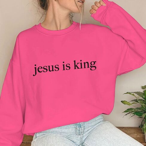 ROSSOSSOR Jesus Is King Sweatshirts Women Christian Sweatshirts Religious Mom Pullovers Graphic Crew Neck Pullovers Plus Size in Saudi Arabia