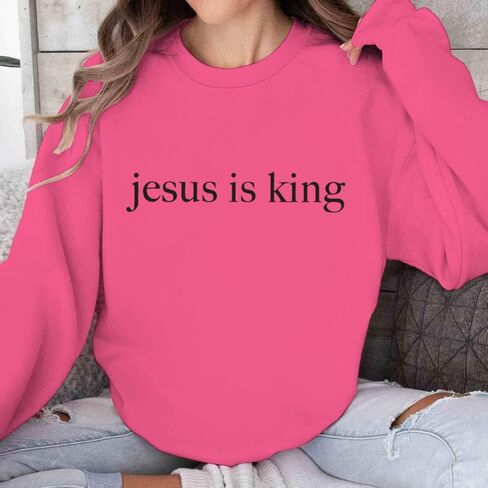 ROSSOSSOR Jesus Is King Sweatshirts Women Christian Sweatshirts Religious Mom Pullovers Graphic Crew Neck Pullovers Plus Size in Saudi Arabia