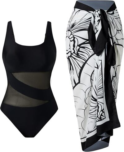 BAWHAHT Women’s One Piece Swimsuit with Skirt Mesh Tummy Control Retro Bathing Suit Set with Wrap Cover Up in Saudi Arabia