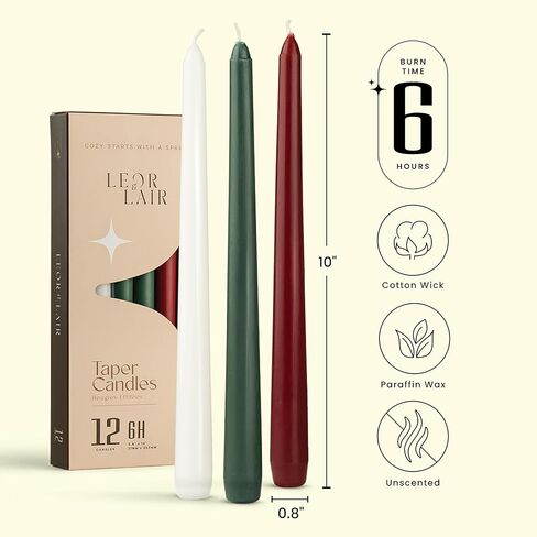 شموع عيد الميلاد المستدقة مقاس 10 بوصات من Leor & Lair - 12 عبوة من شموع عيد الميلاد باللون الأحمر والأخضر والأبيض - شموع مائدة العشاء الطويلة المحترقة للمناسبات وحفلات الزفاف وديكور المنزل in Kuwait
