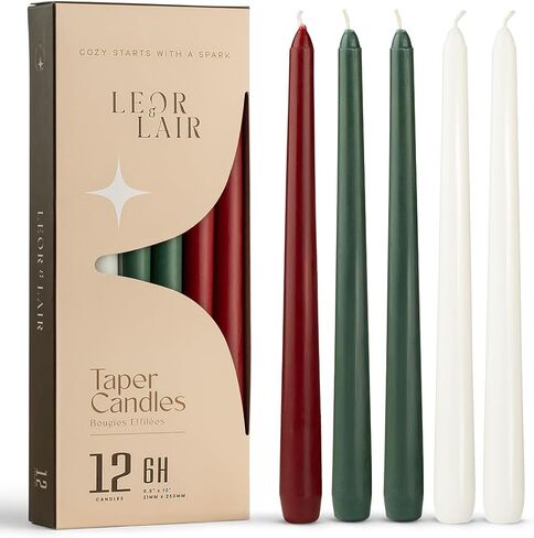 شموع عيد الميلاد المستدقة مقاس 10 بوصات من Leor & Lair - 12 عبوة من شموع عيد الميلاد باللون الأحمر والأخضر والأبيض - شموع مائدة العشاء الطويلة المحترقة للمناسبات وحفلات الزفاف وديكور المنزل in Kuwait