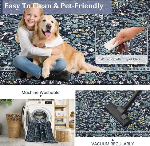 Dintszyayue Washable Rugs 8x10 Washable Boho Floral Non Slip Living Room Large Rugs for Bedroom Farmhouse Floor Cove Blue in Saudi Arabia