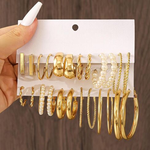 12 Pairs Gold Hoop Earrings Set Women Thick Smooth Finish Fashion Small to Large Stud Earrings Lightweight Spiral Pearl Ear Bags in Saudi Arabia