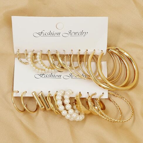 12 Pairs Gold Hoop Earrings Set Women Thick Smooth Finish Fashion Small to Large Stud Earrings Lightweight Spiral Pearl Ear Bags in Saudi Arabia