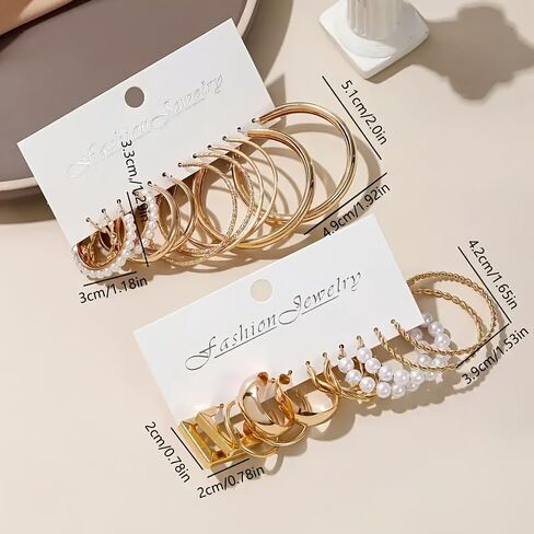 12 Pairs Gold Hoop Earrings Set Women Thick Smooth Finish Fashion Small to Large Stud Earrings Lightweight Spiral Pearl Ear Bags in Saudi Arabia
