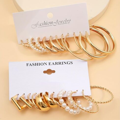 12 Pairs Gold Hoop Earrings Set Women Thick Smooth Finish Fashion Small to Large Stud Earrings Lightweight Spiral Pearl Ear Bags in Saudi Arabia