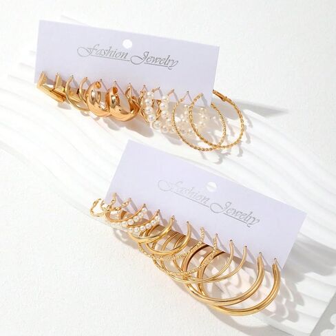 12 Pairs Gold Hoop Earrings Set Women Thick Smooth Finish Fashion Small to Large Stud Earrings Lightweight Spiral Pearl Ear Bags in Saudi Arabia