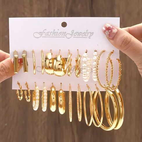 12 Pairs Gold Hoop Earrings Set Women Thick Smooth Finish Fashion Small to Large Stud Earrings Lightweight Spiral Pearl Ear Bags in Saudi Arabia